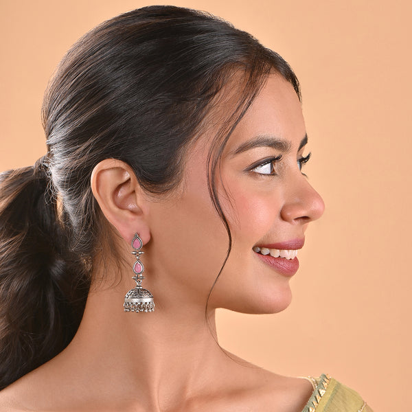 Oxidised Silver Pink Stone Drop Earring