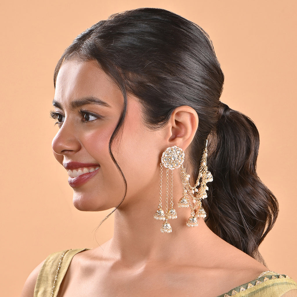 Rajwada Pearl Cascade Drop Earring With Ear Chain