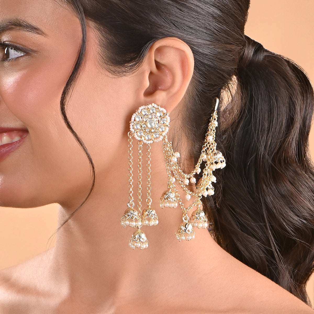 Rajwada Pearl Cascade Drop Earring With Ear Chain