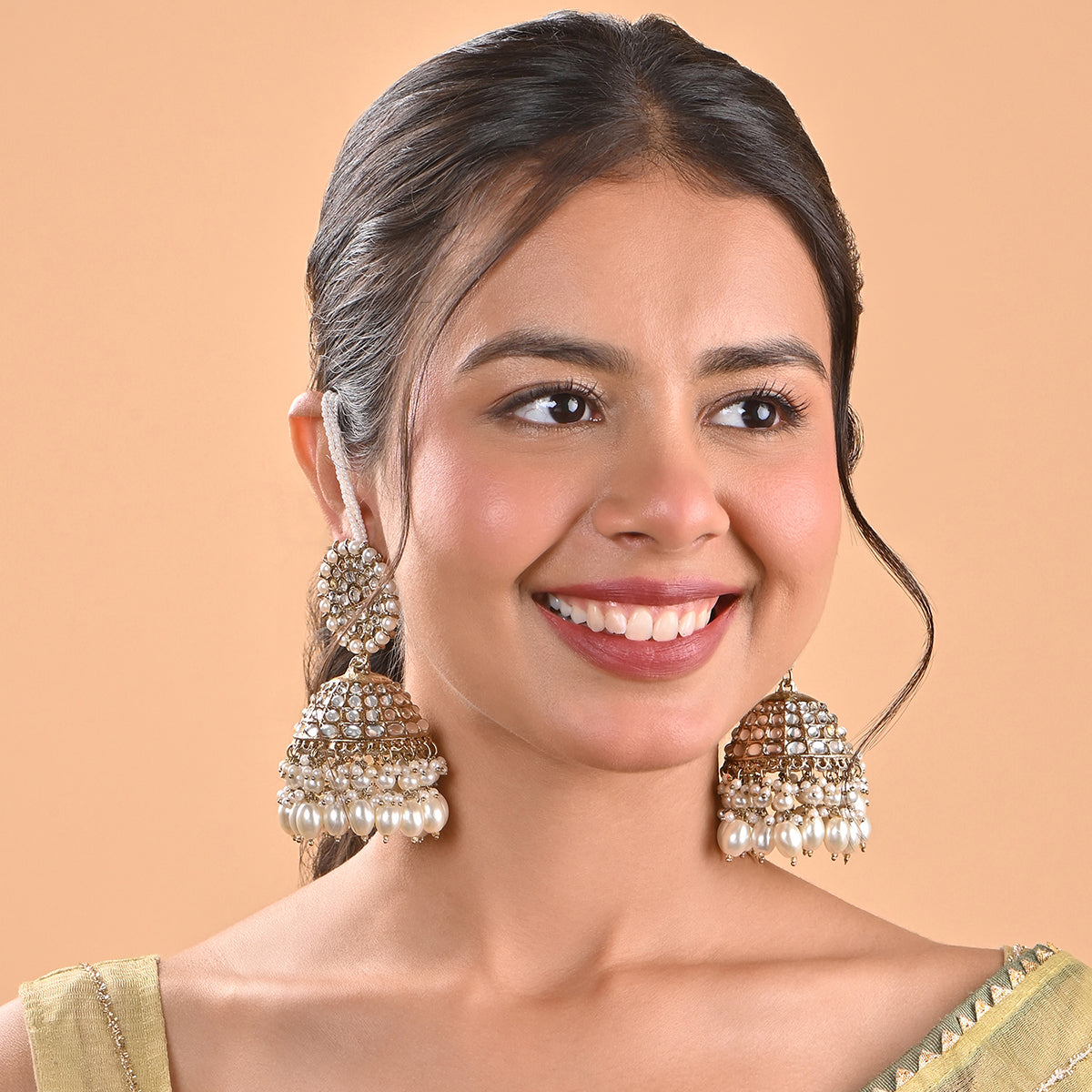 Blush Pink Heavy Jhumka Earring With Ear Chain