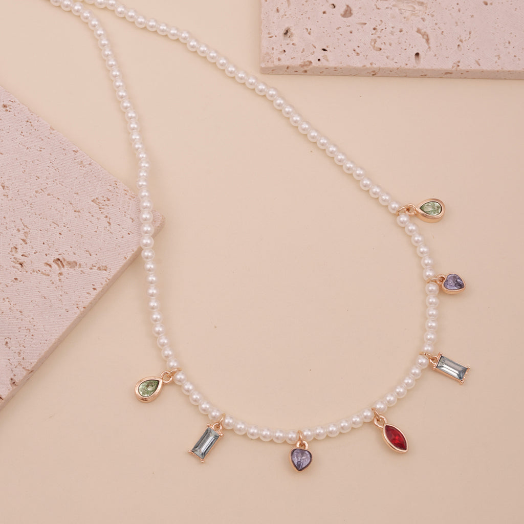 White Pearl Choker Necklace with Multi-Coloured Stone Charms