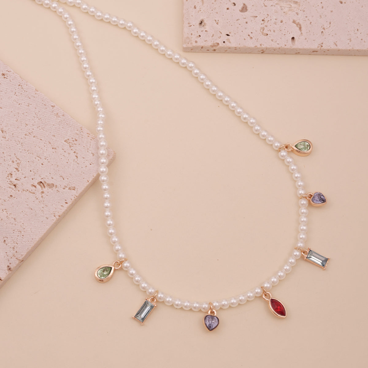 White Pearl Choker Necklace with Multi-Coloured Stone Charms