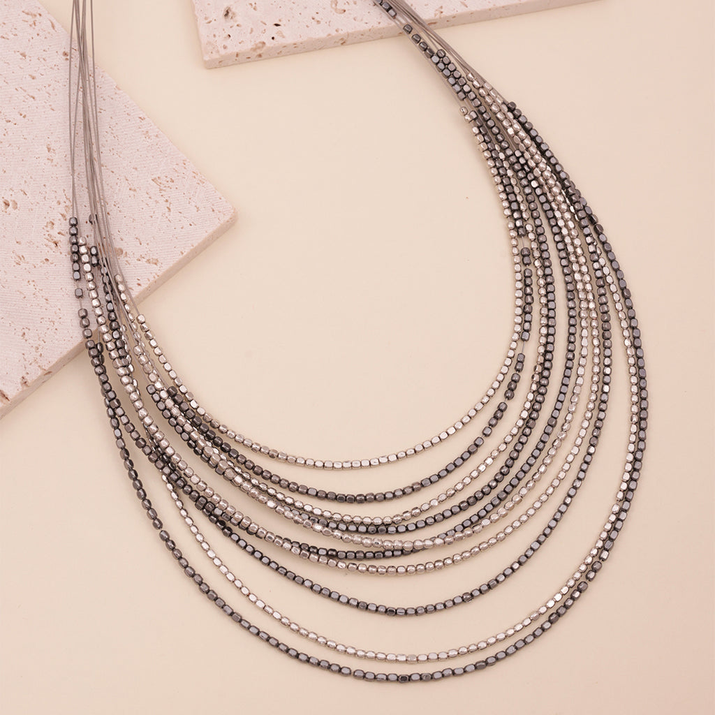 Silver & Pewter Tone Multi-Strand Statement Layered Necklace
