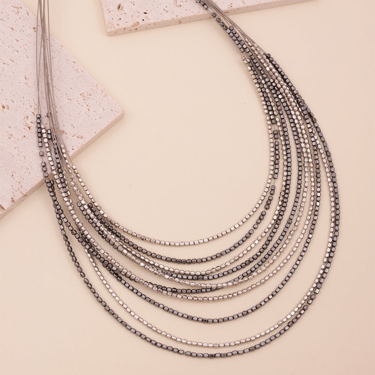 Silver & Pewter Tone Multi-Strand Statement Layered Necklace