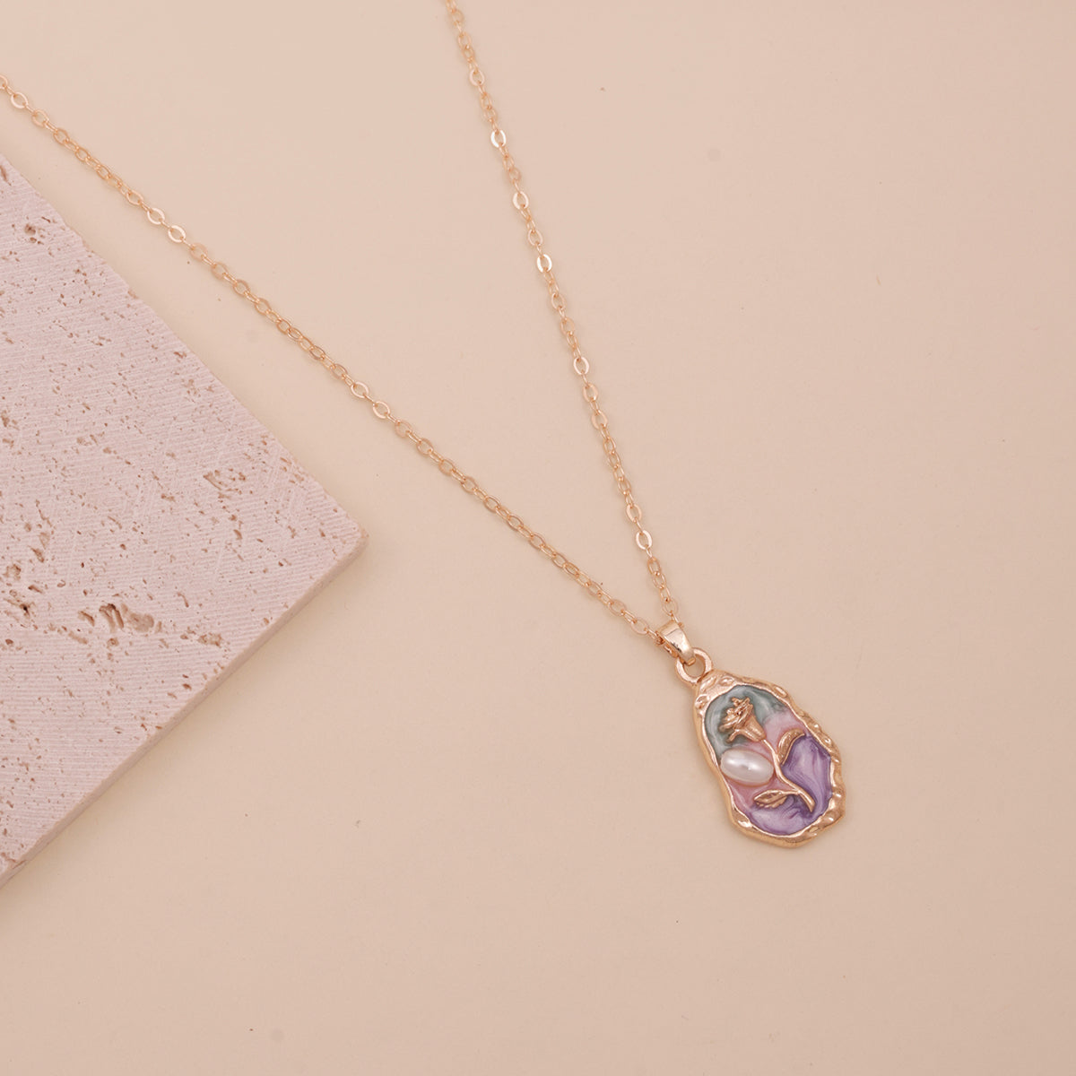 Golden Layered Necklace with Green Enamel Floral Charm