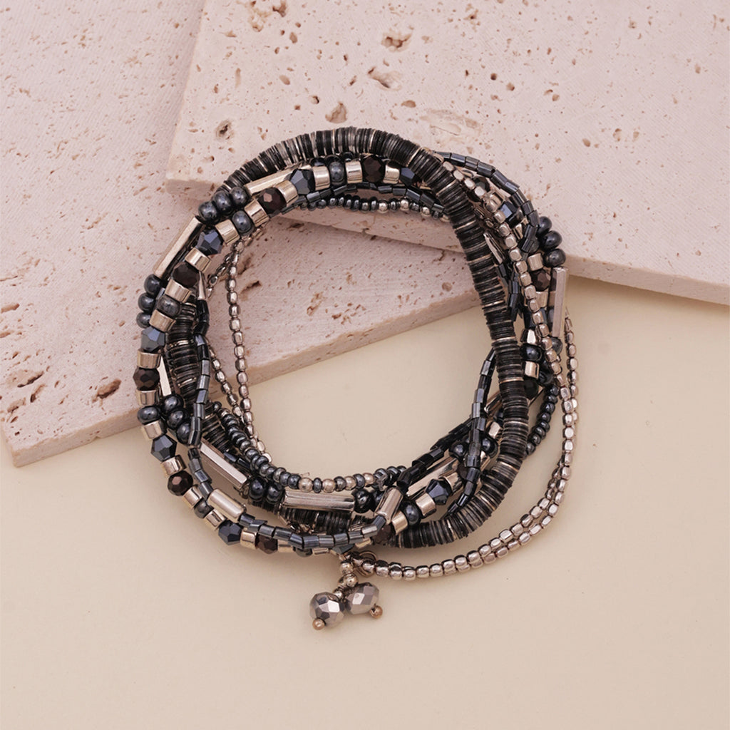 Gunmetal & Pewter Multi-Strand Beaded Slip-On Bracelet