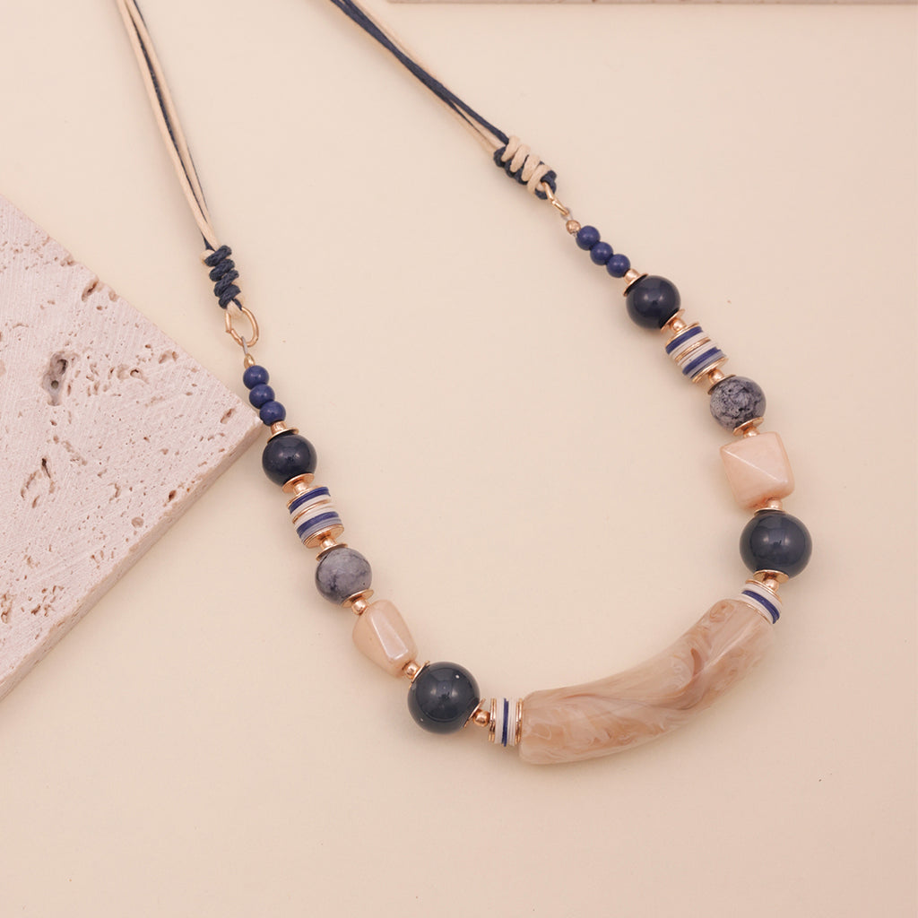 Blue & Beige Resin Stone Beaded Choker Necklace