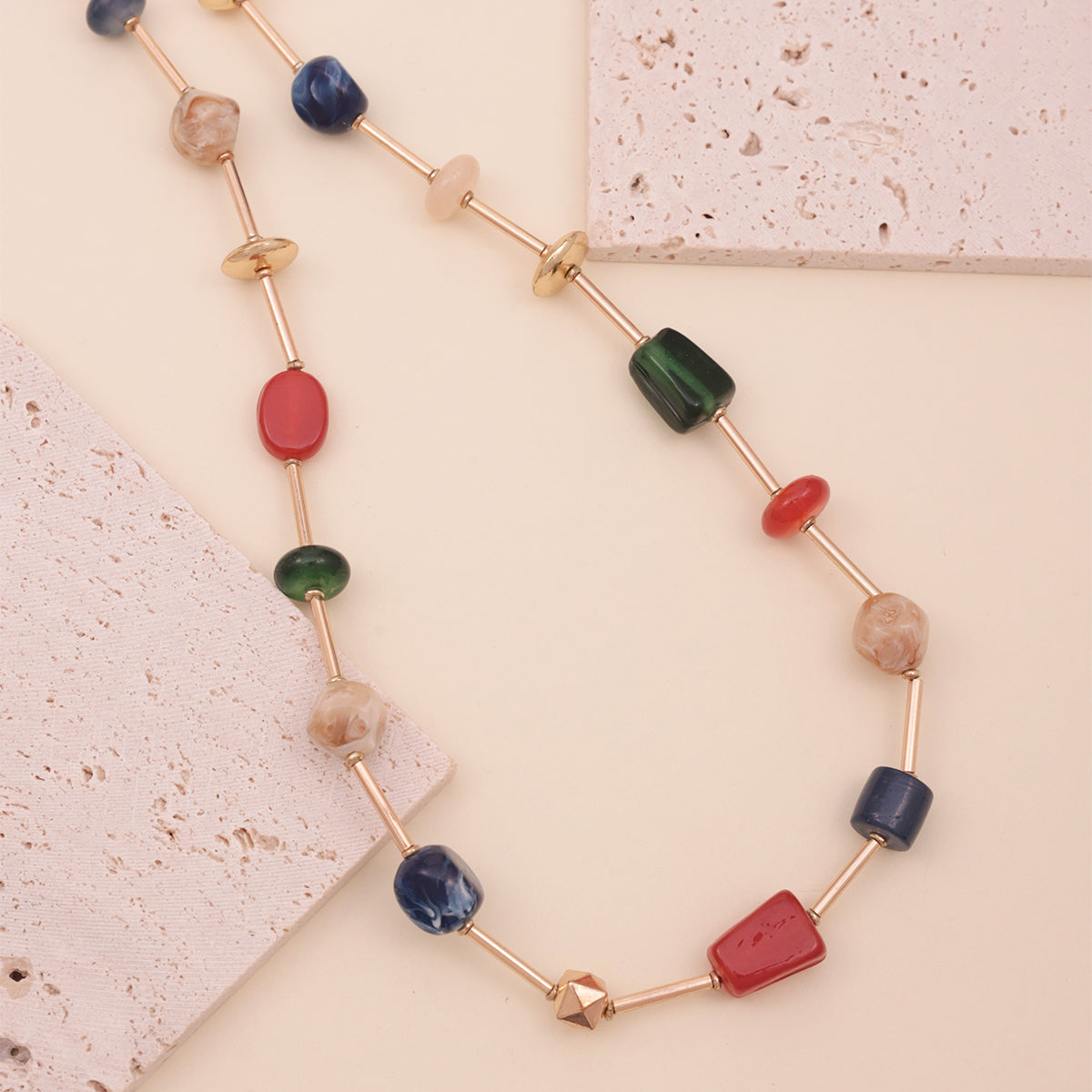 Golden Multi-Coloured Chunky Stone Beaded Choker Necklace