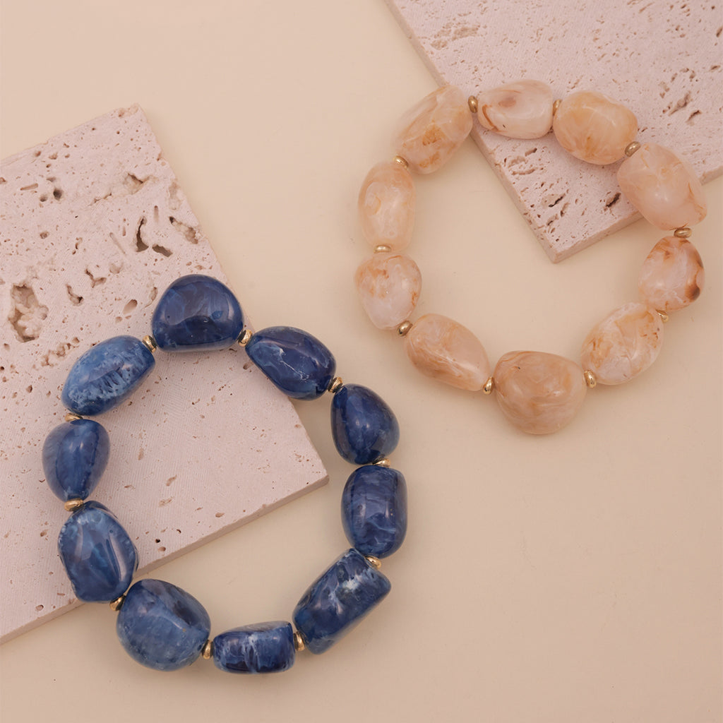Abstract Blue & Beige Resin Beaded Stretch Bracelet (Set of 2)