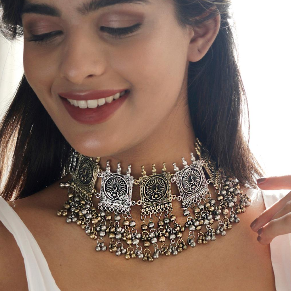 Dual Metal Ghungroo Choker Necklace