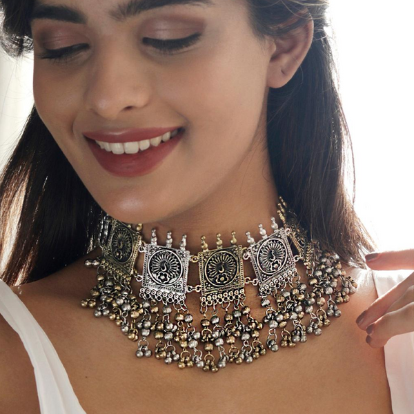 Dual Metal Ghungroo Choker Necklace
