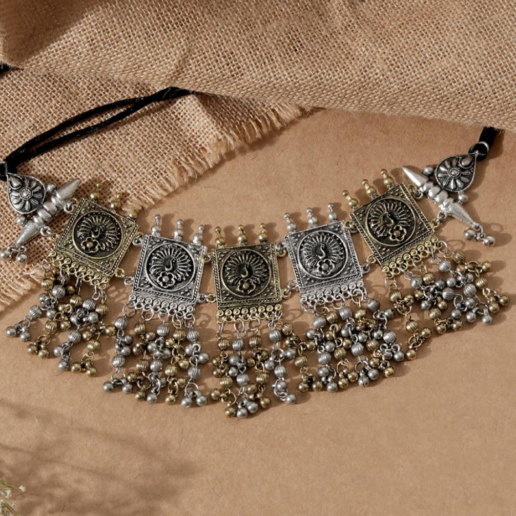 Dual Metal Ghungroo Choker Necklace with gold and silver tones, and ghungroo accents close-up image