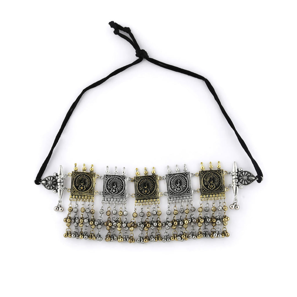 Dual Metal Ghungroo Choker Necklace with gold and silver tones, and ghungroo accents.