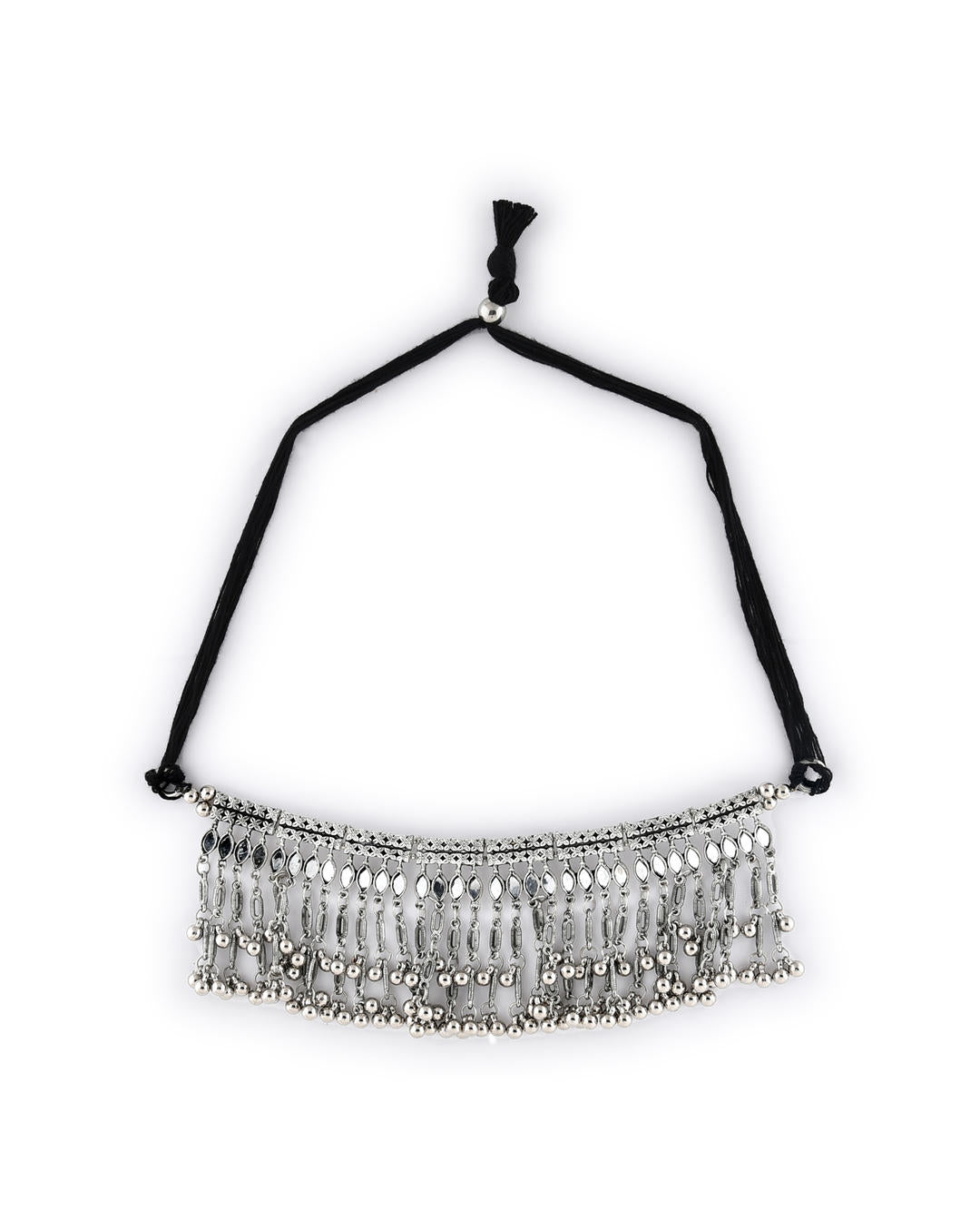silver oxidised bell-like choker necklace with a mirrored design with white background