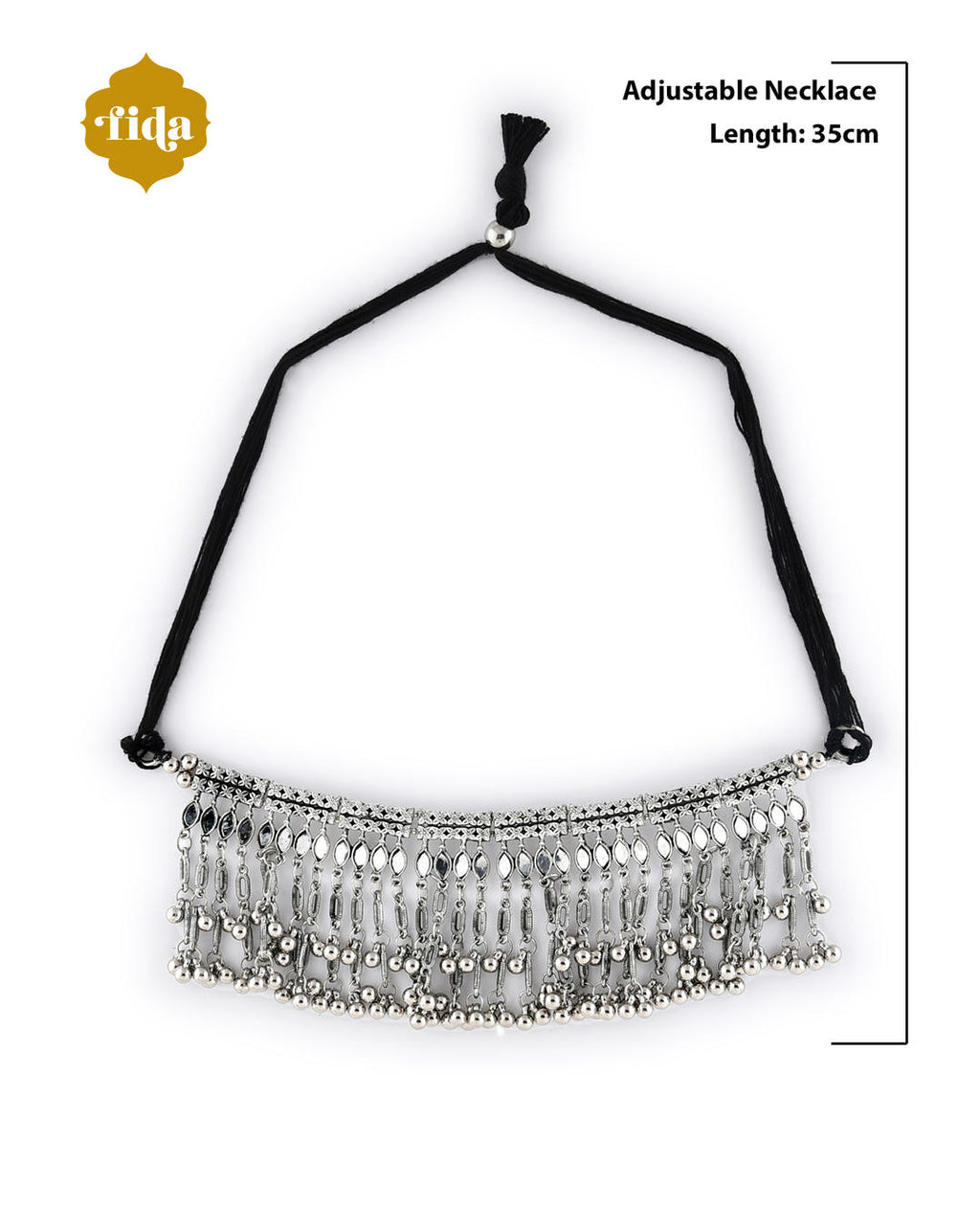 silver oxidised bell-like choker necklace with a mirrored design dimension
