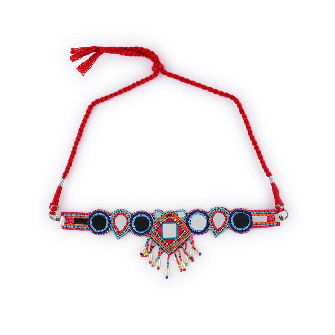 multicolor beaded choker necklace with geometric patterns and mirror accents close-up