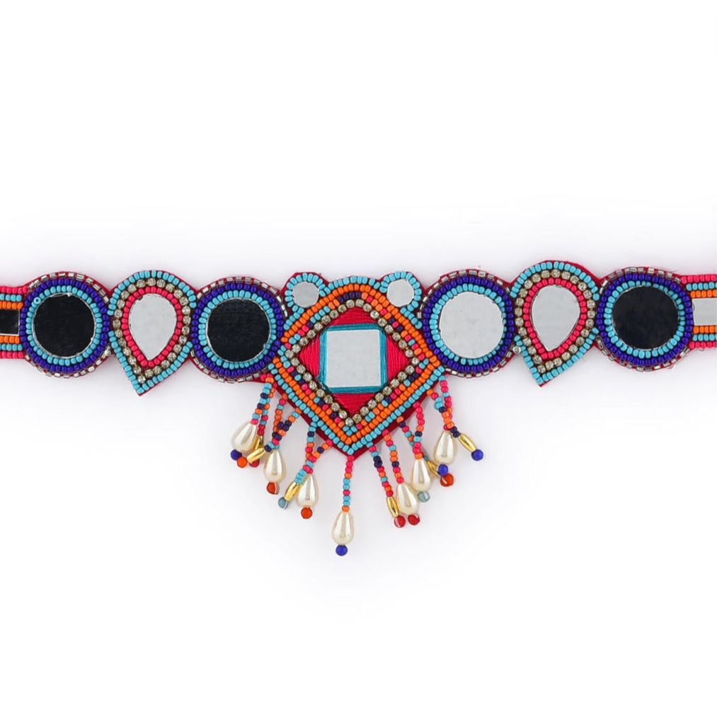 multicolor beaded choker necklace with geometric patterns and mirror accents close-up