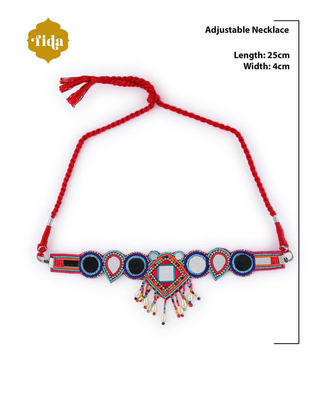 multicolor beaded choker necklace with geometric patterns and mirror accents dimension