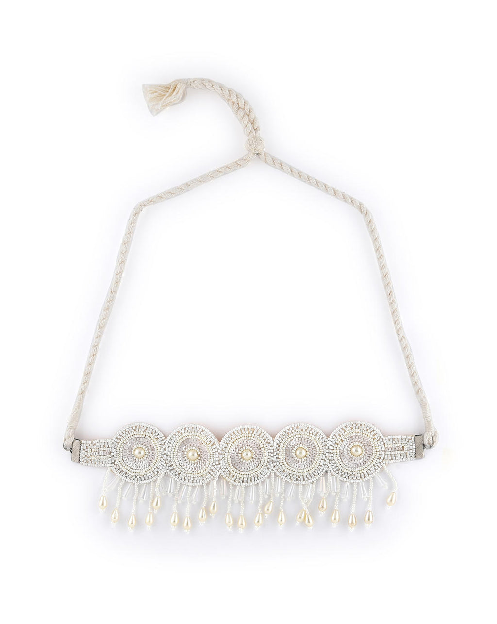 white seed bead choker necklace with floral patterns and white pearls on white background