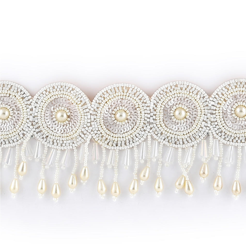 white seed bead choker necklace with floral patterns and white pearls close-up