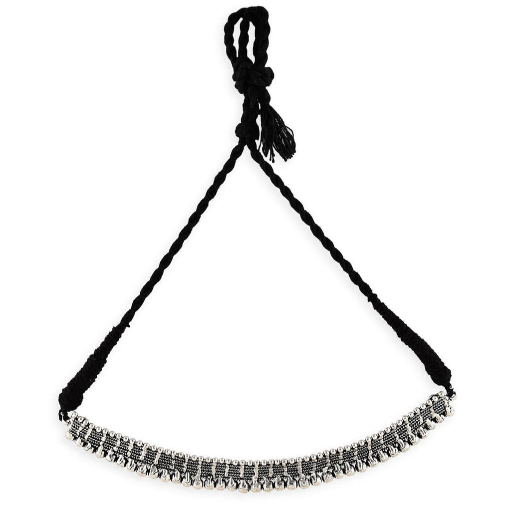 silver oxidised metal choker necklace with black thread on white background