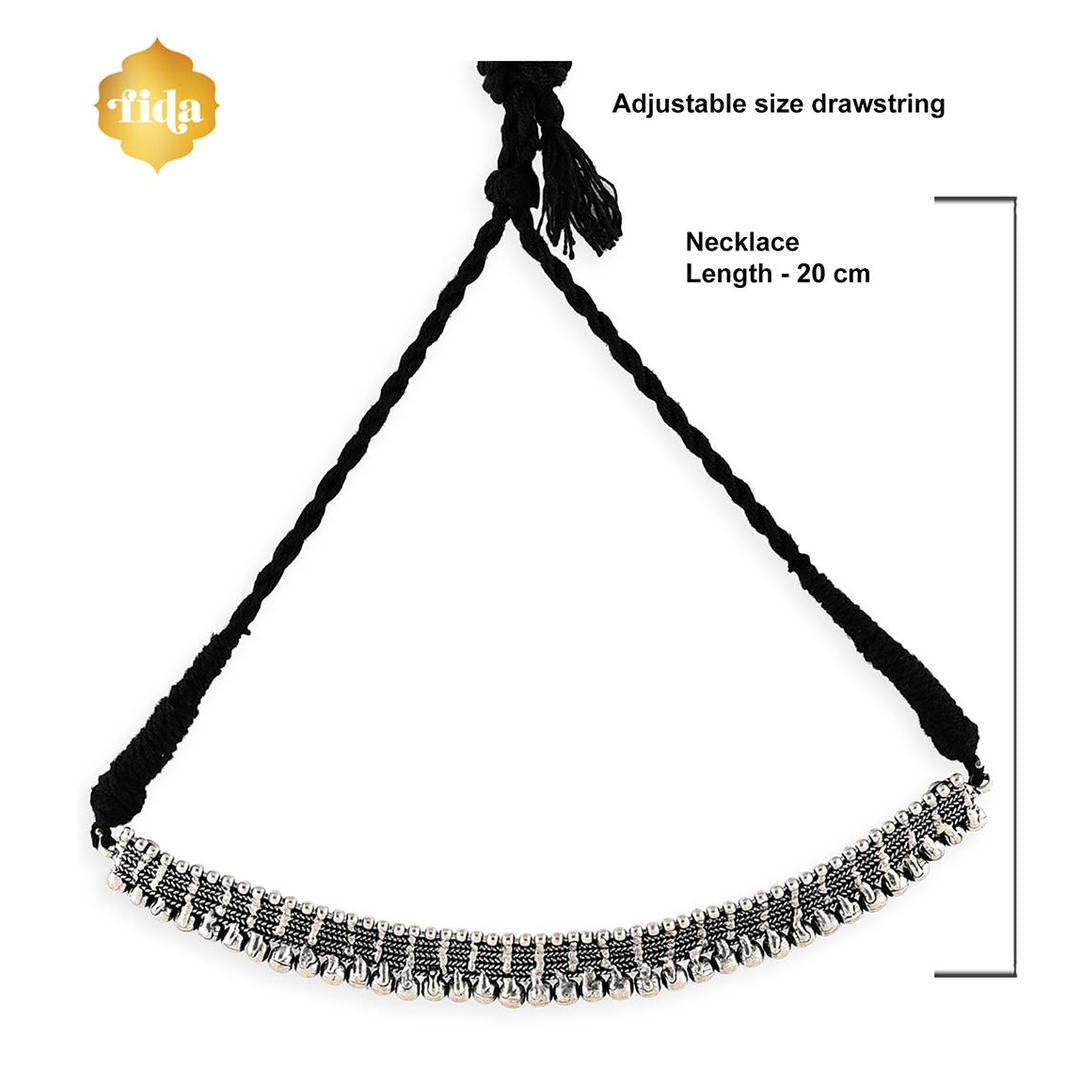 silver oxidised metal choker necklace with black thread dimension