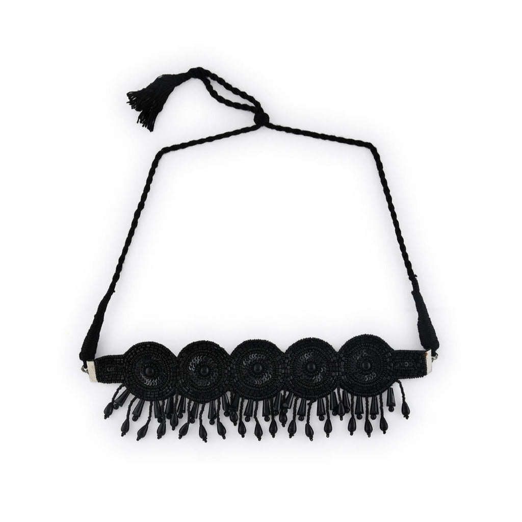 black seed bead choker necklace with floral motifs and pearl accents.