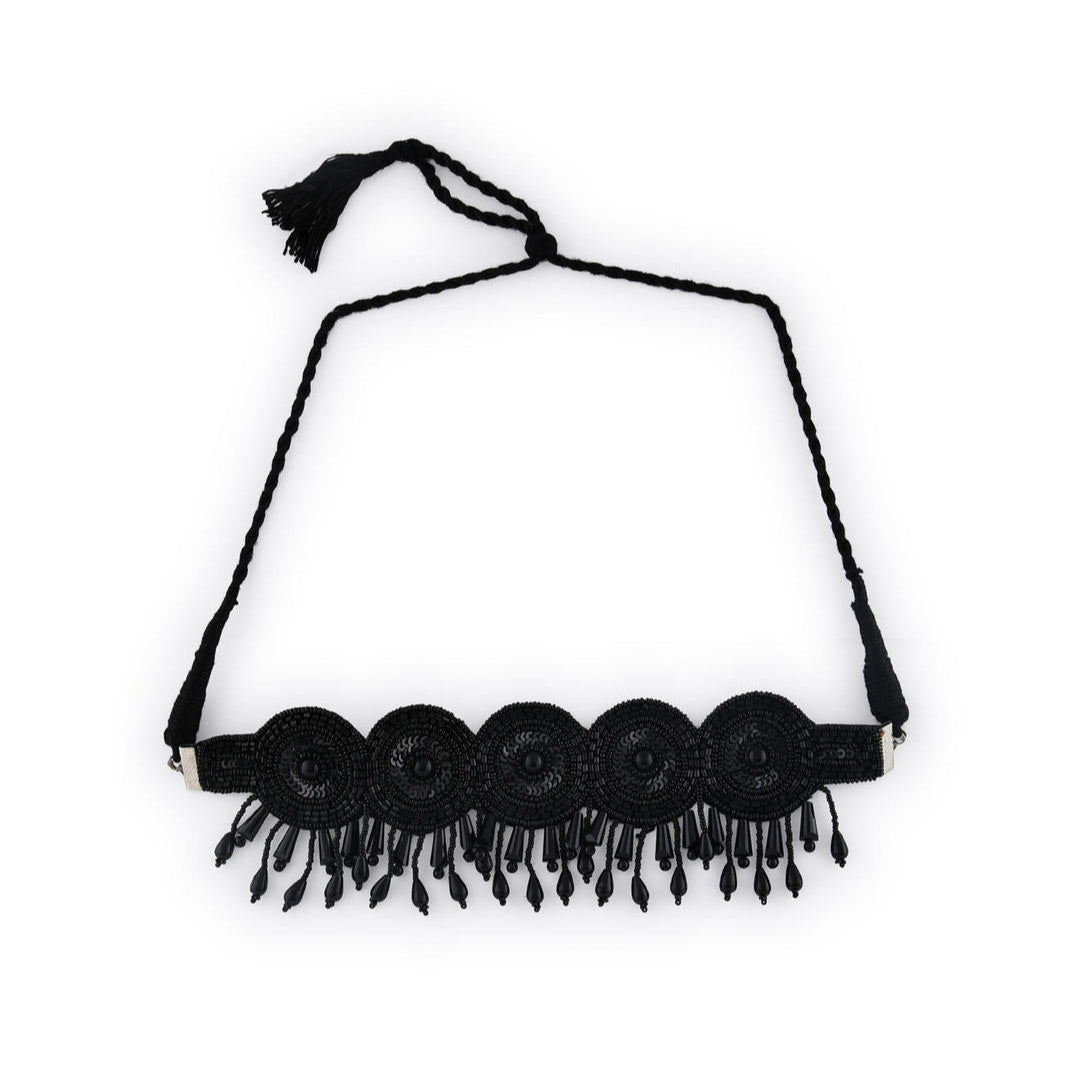 black seed bead choker necklace with floral motifs and pearl accents.