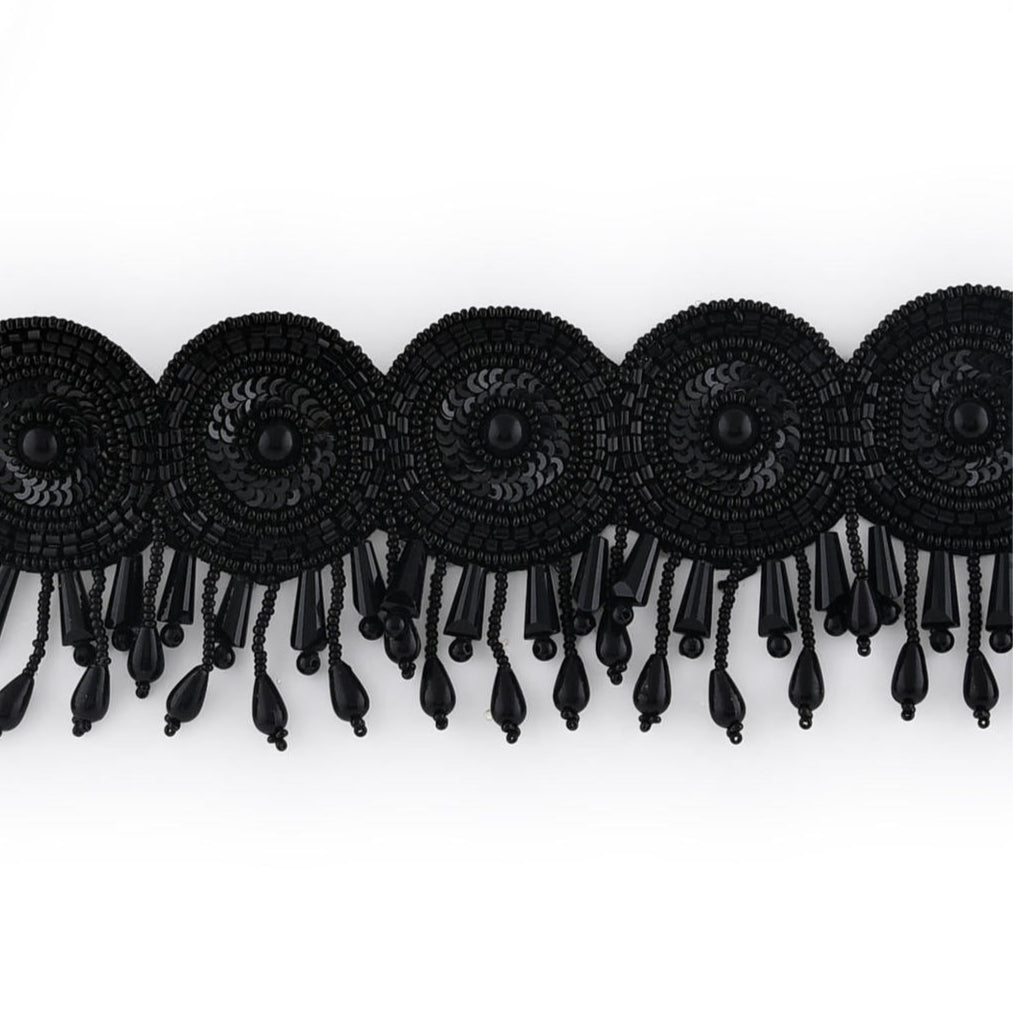 black seed bead choker necklace with floral motifs and pearl accents close-up