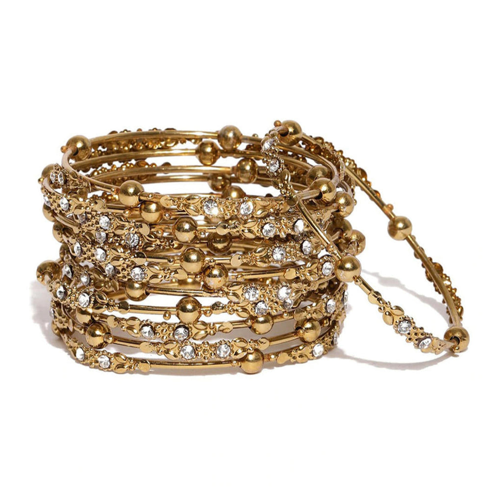 Set of 12 gold-plated metal bangles with sparkling stones and beads. Perfect ethnic jewellery for weddings, parties & traditional celebrations.
