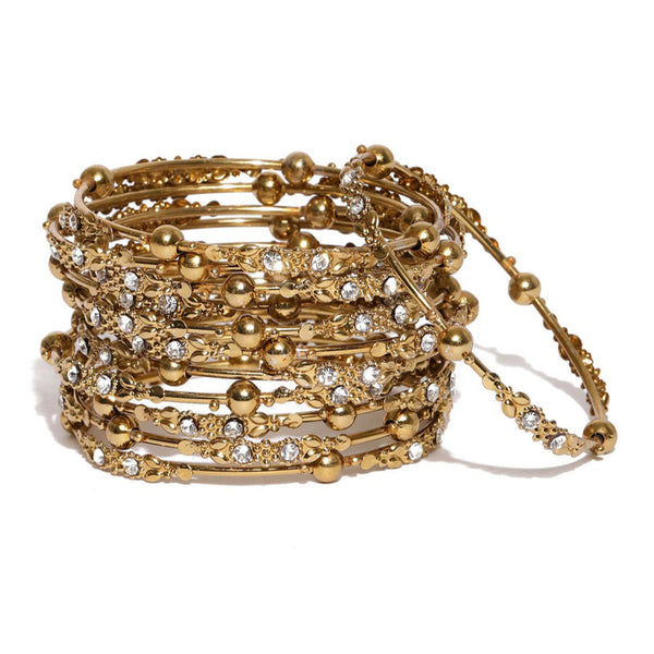 Set of 12 gold-plated metal bangles with sparkling stones and beads. Perfect ethnic jewellery for weddings, parties & traditional celebrations.