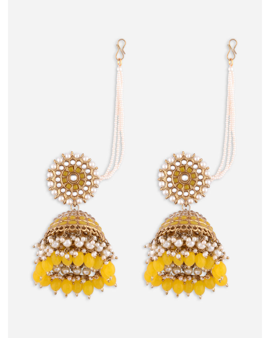 A pair of yellow drop earrings with gold plating and embellishments, featuring artificial beads and stone decorations.