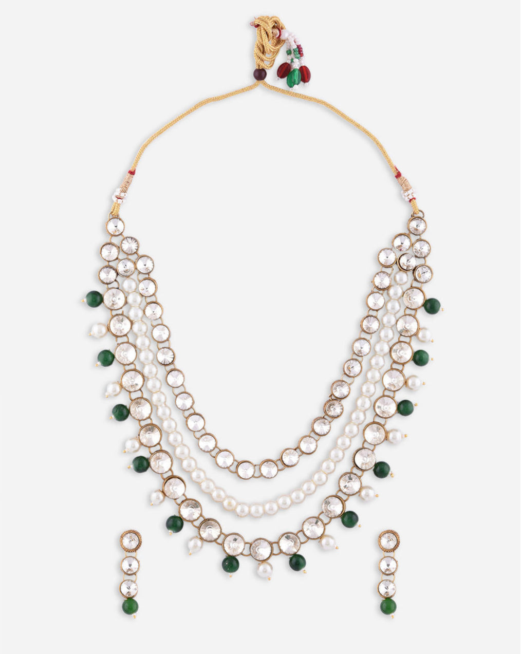 a gold plated necklace with green pearl beaded layers and matching earrings.