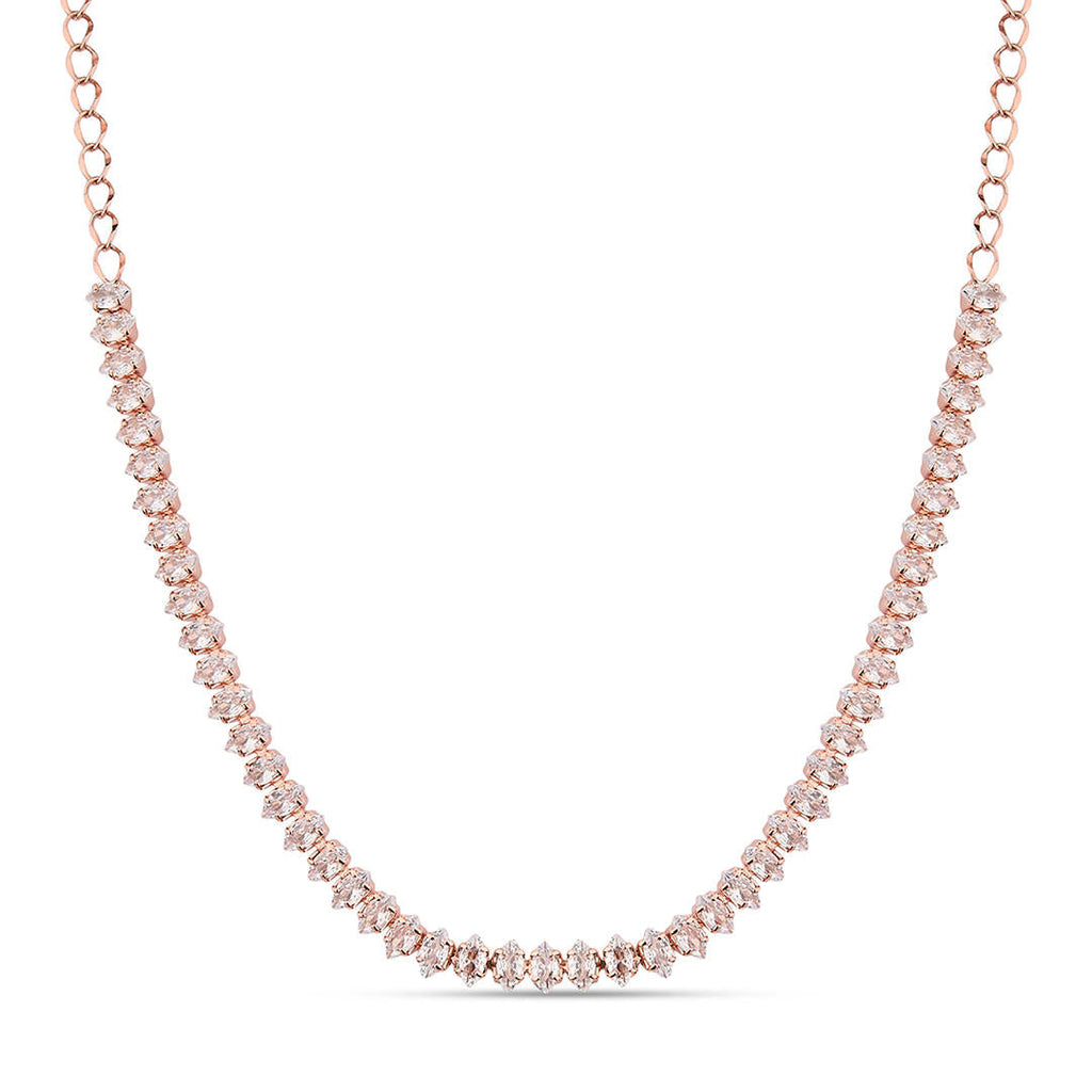 a rose gold plated necklace and earrings jewellery set with intricate motifs and American Diamond stones.