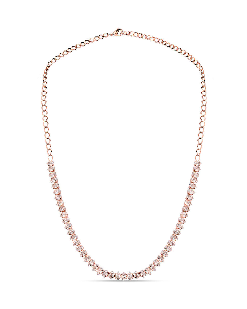 a rose gold plated necklace and earrings jewellery set with intricate motifs and American Diamond stones.