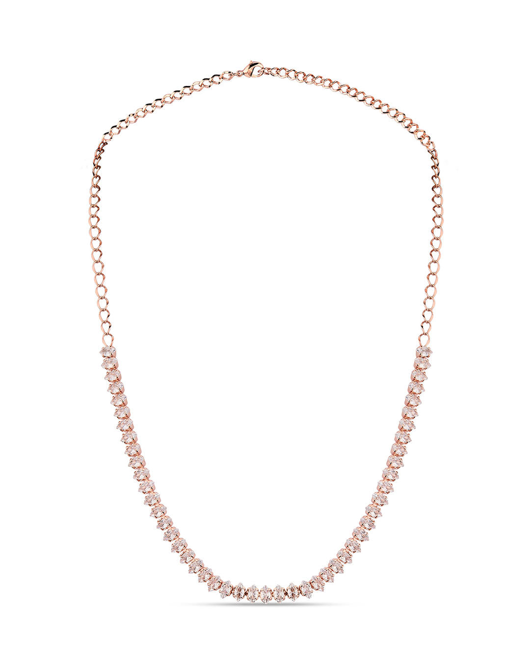 a rose gold plated necklace and earrings jewellery set with intricate motifs and American Diamond stones.