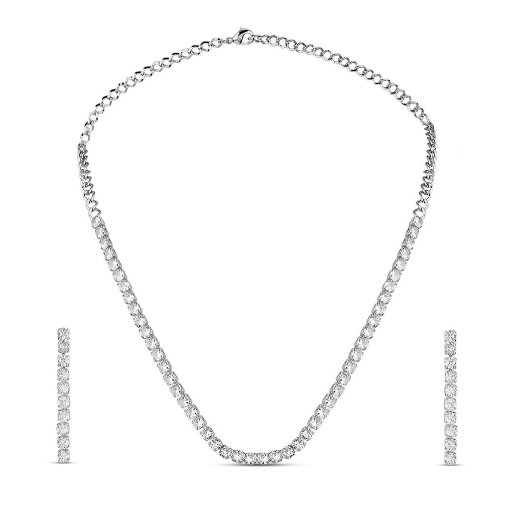 a silver plated necklace and earrings jewellery set with intricate motifs and American Diamond stones.