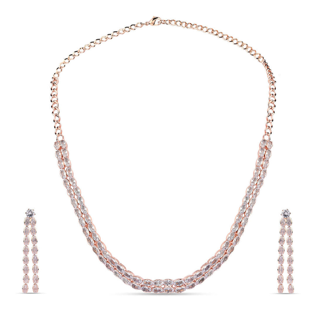 a rose gold plated double layered jewellery set with a necklace and earrings.