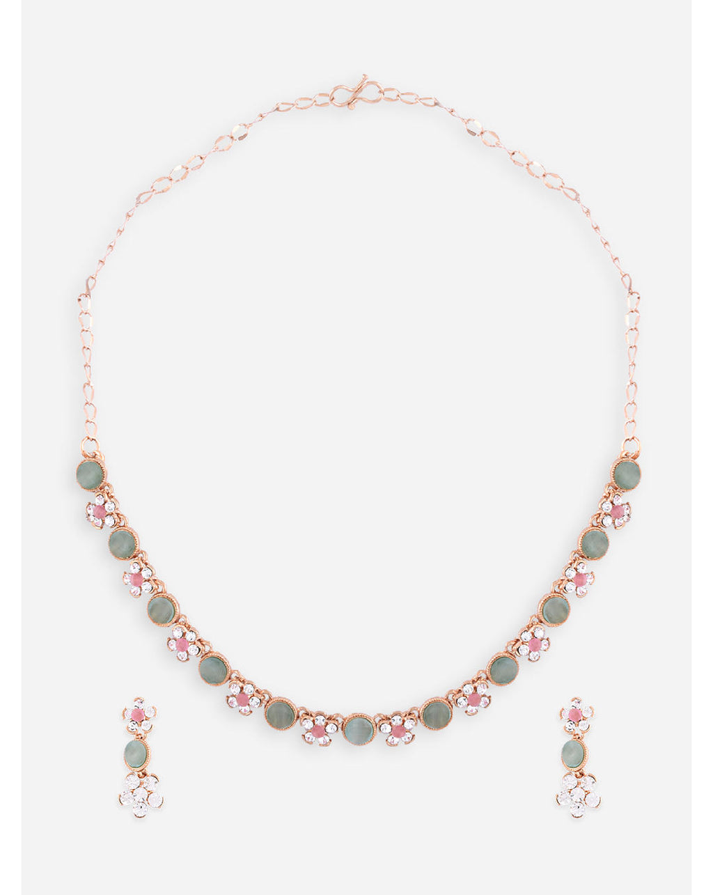 gold plated floral jewellery set with pink and green stones, with matching earrings.