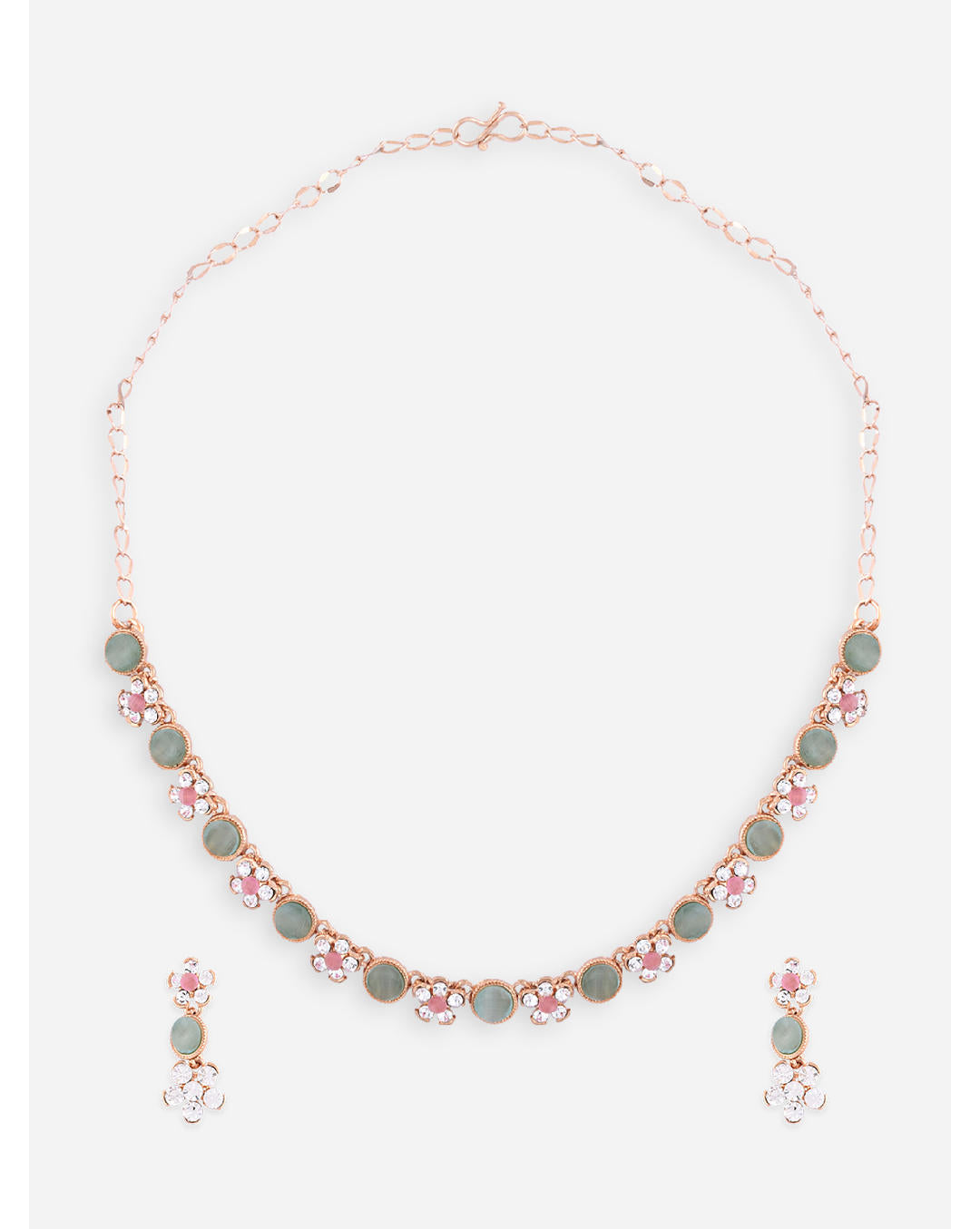 gold plated floral jewellery set with pink and green stones, with matching earrings.