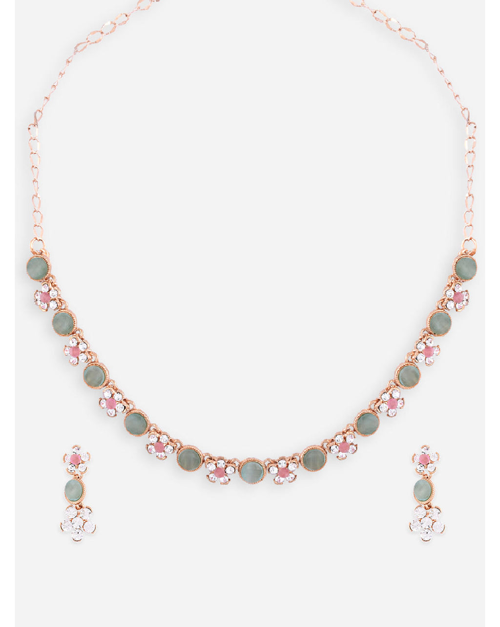 gold plated floral jewellery set with pink and green stones, with matching earrings.
