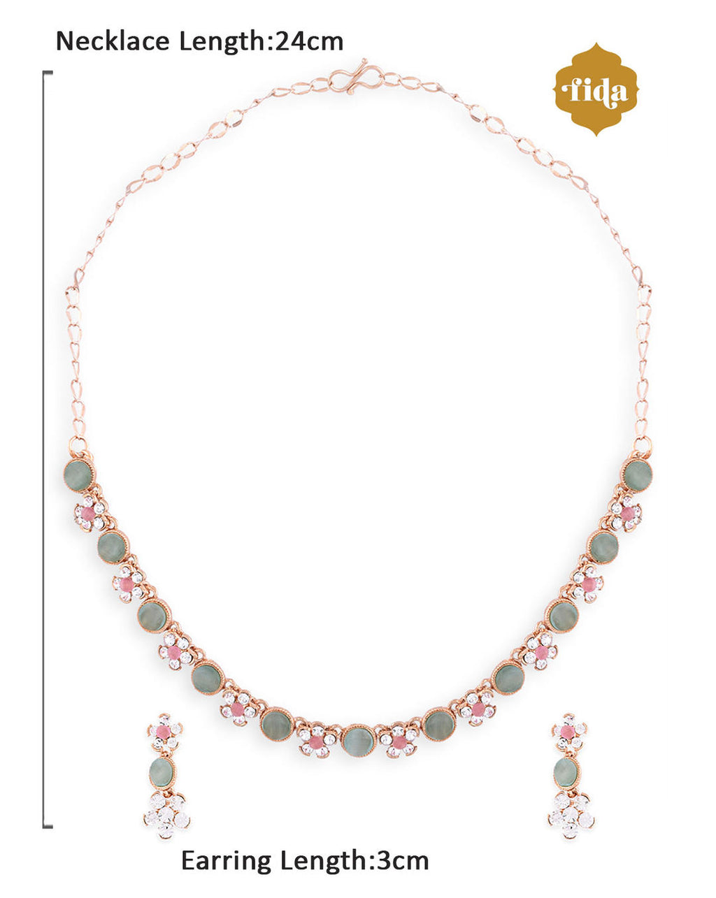 gold plated floral jewellery set with pink and green stones, with matching earrings dimension