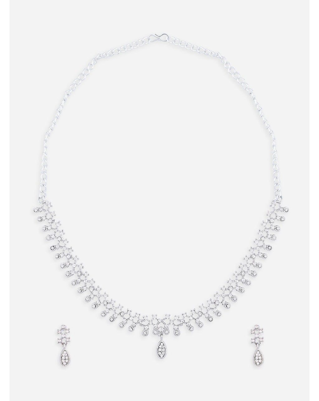 silver plated jewellery set with intricate motifs and American diamond accents