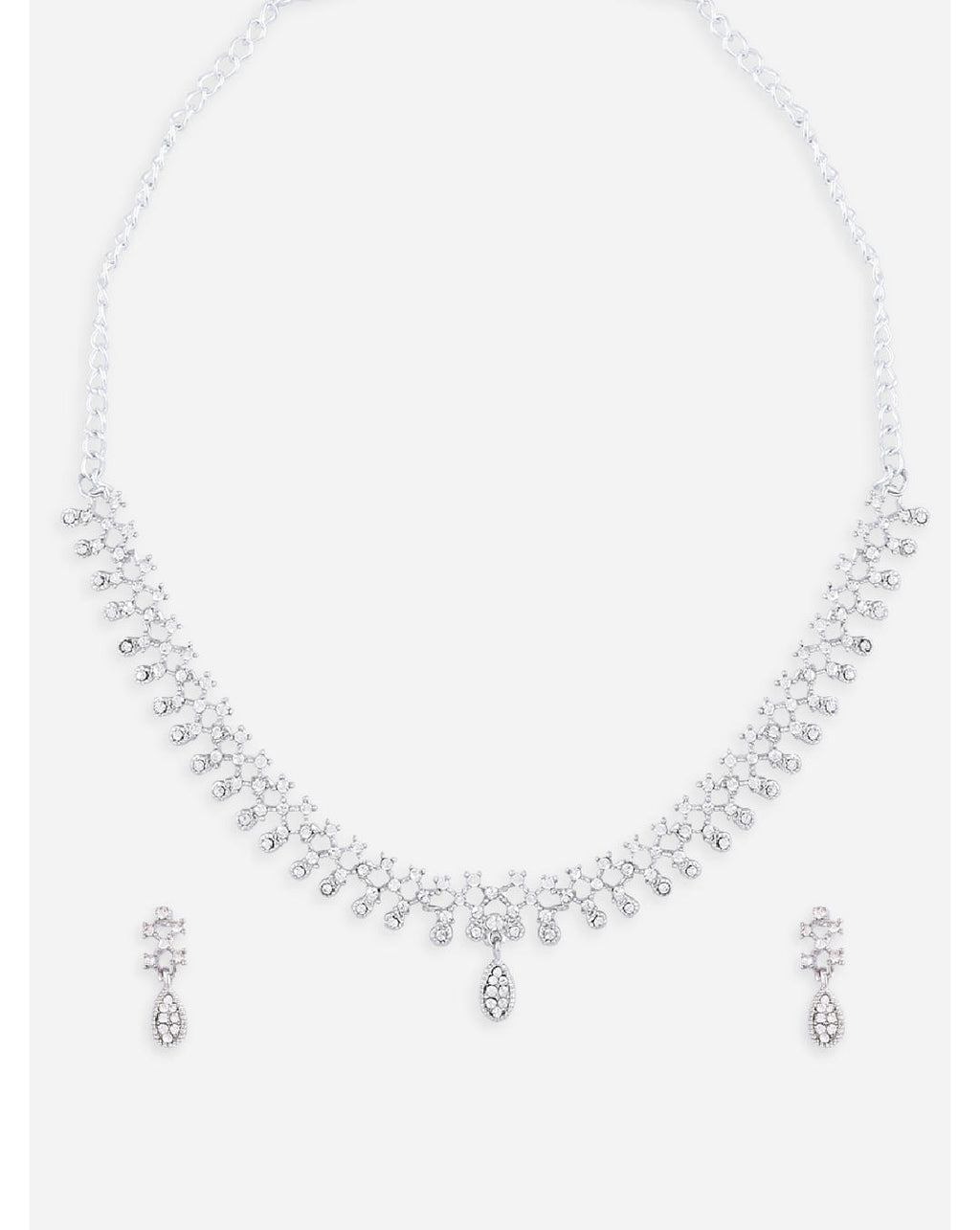 silver plated jewellery set with intricate motifs and American diamond accents
