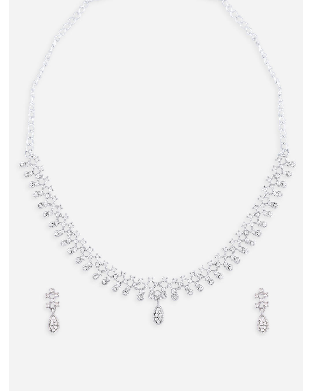 silver plated jewellery set with intricate motifs and American diamond accents