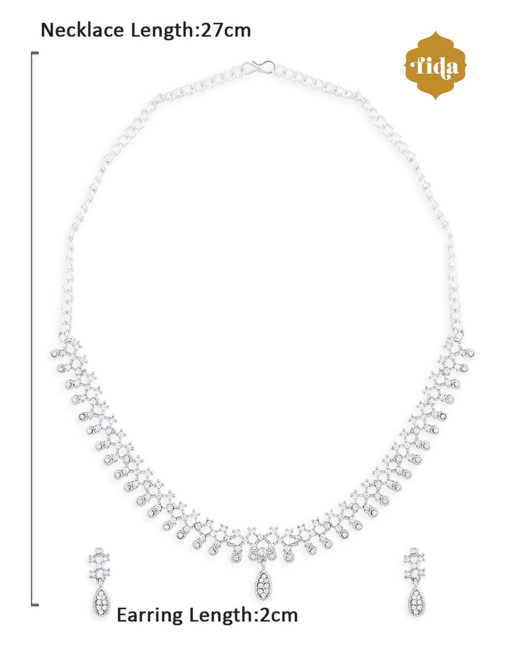 silver plated jewellery set with intricate motifs and American diamond accents dimensions