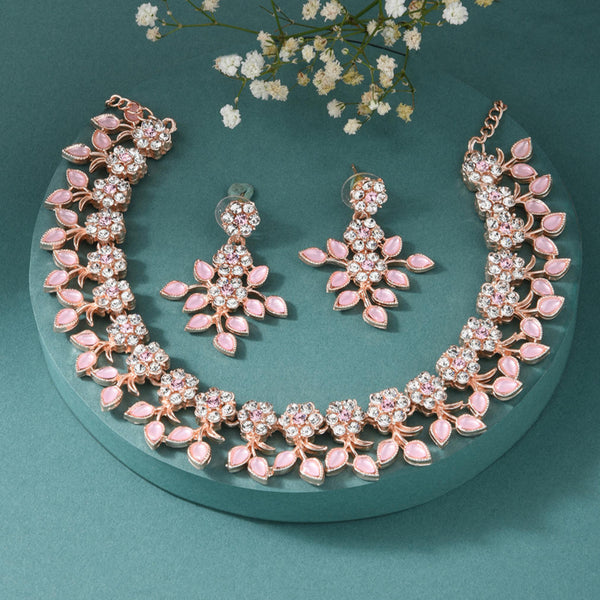 rose gold plated floral jewellery set with a necklace and earrings, featuring pink stones.
