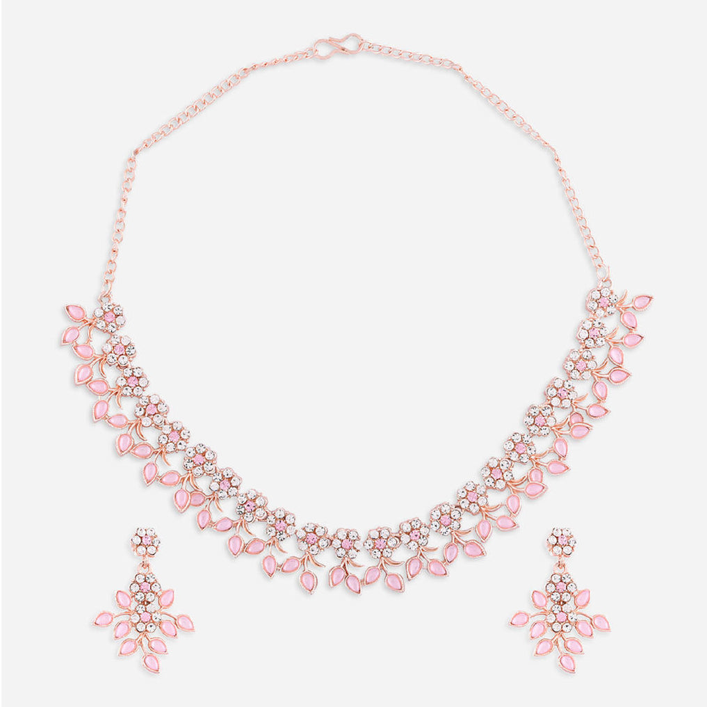 rose gold plated floral jewellery set with a necklace and earrings, featuring pink stones.