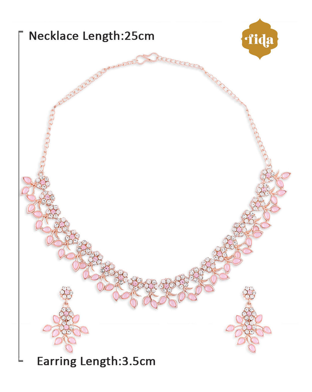 rose gold plated floral jewellery set with a necklace and earrings, featuring pink stones dimension