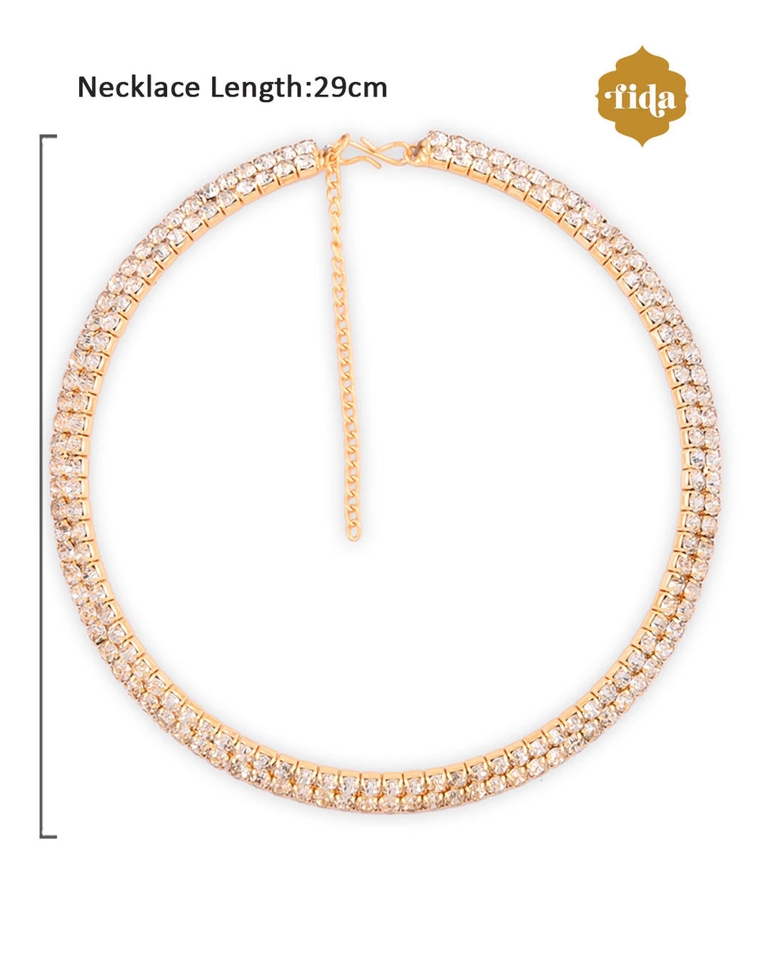 A woman wearing a gold-toned choker necklace adorned with cubic zirconia stones dimensions